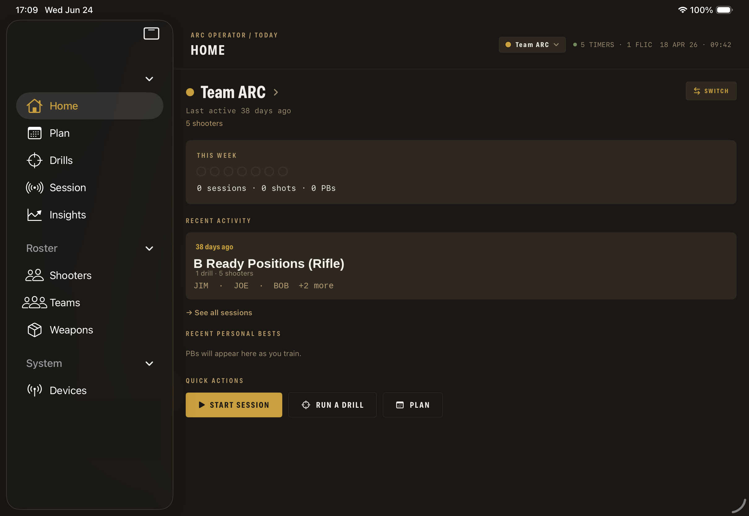 ARC Team Shooter team session control screen with participating shooters and session mode toggle