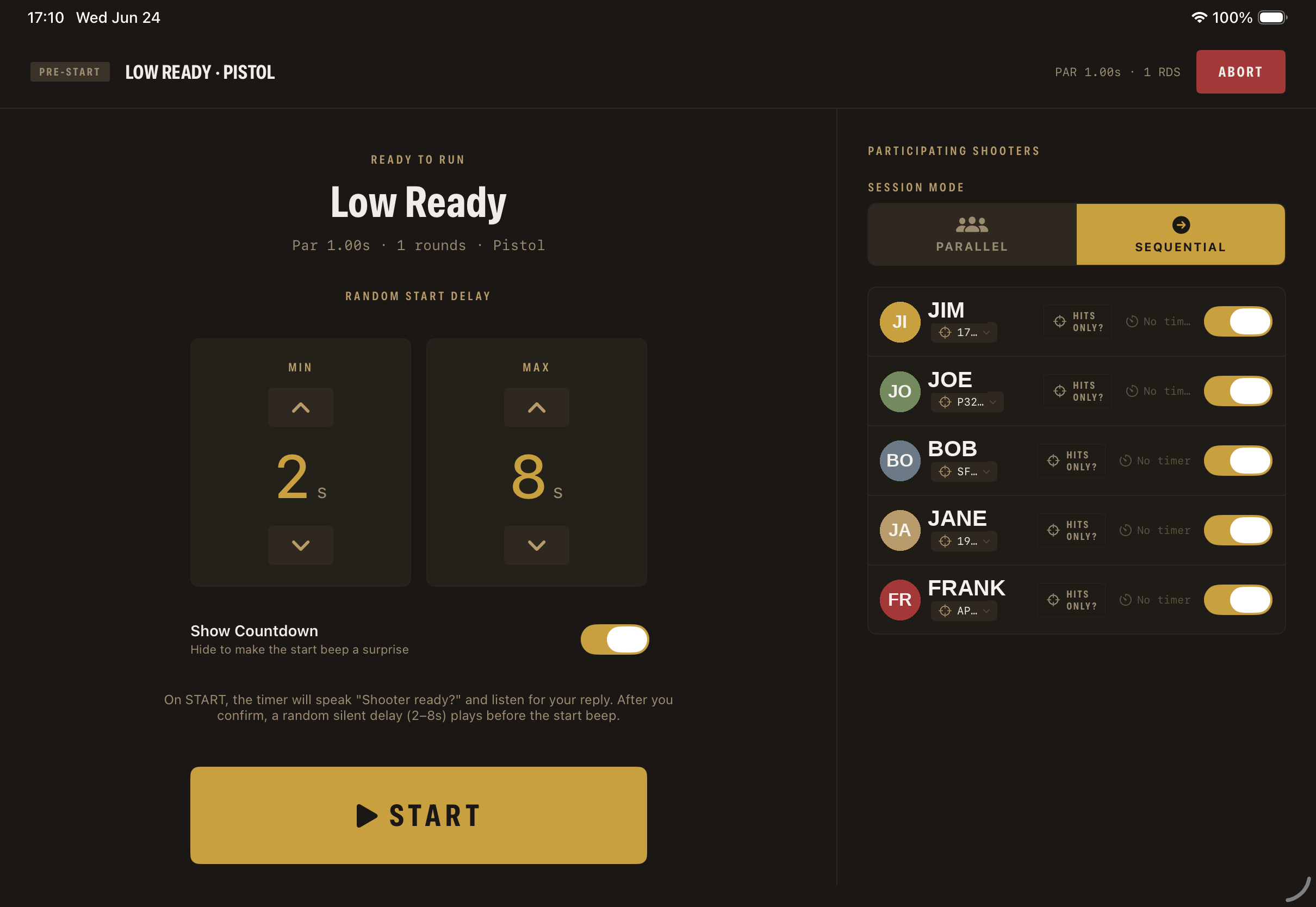 ARC Team Shooter live session screen showing participating shooters and the pre-start timer